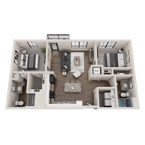 Floor plan for 2 beds, 2 baths, 935 sqft